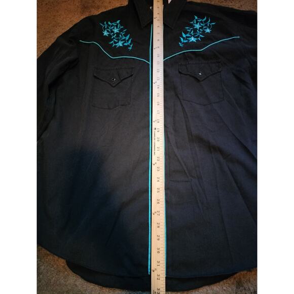 ELY CATTLEMAN XL Western Shirt - Aqua/Turquoise Floral Embroidery - Black Piping - Picture 5 of 6